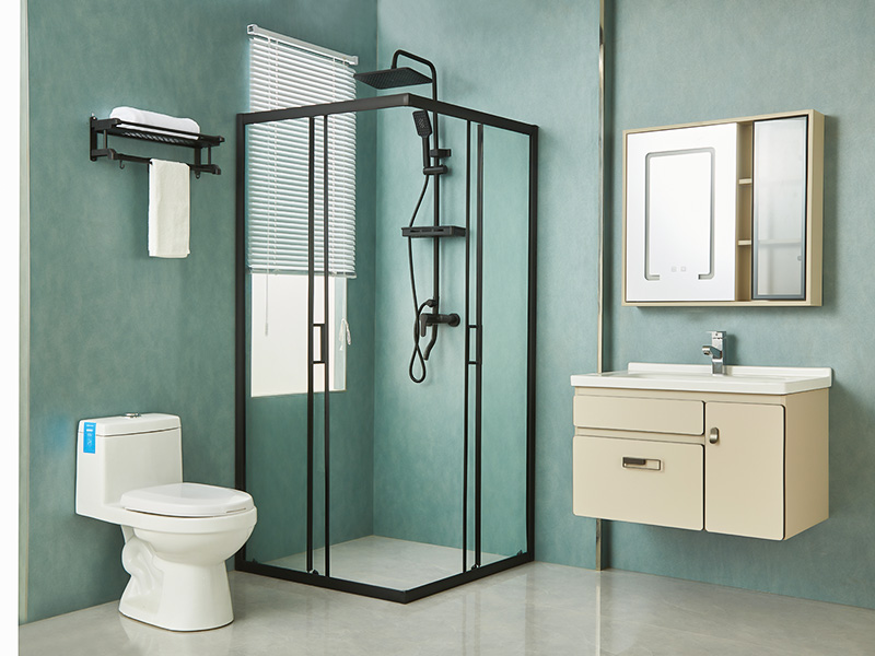 SQ csúszó zuhanykabin, átlátszó edzett üveg, fekete alumínium profil, dupla lyukú fogantyú, tálcával SQ csúszó zuhanykabin, átlátszó edzett üveg, fekete alumínium profil, dupla lyukú fogantyú, tálcával