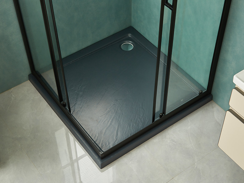 SQ csúszó zuhanykabin, átlátszó edzett üveg, fekete alumínium profil, dupla lyukú fogantyú, tálcával SQ csúszó zuhanykabin, átlátszó edzett üveg, fekete alumínium profil, dupla lyukú fogantyú, tálcával