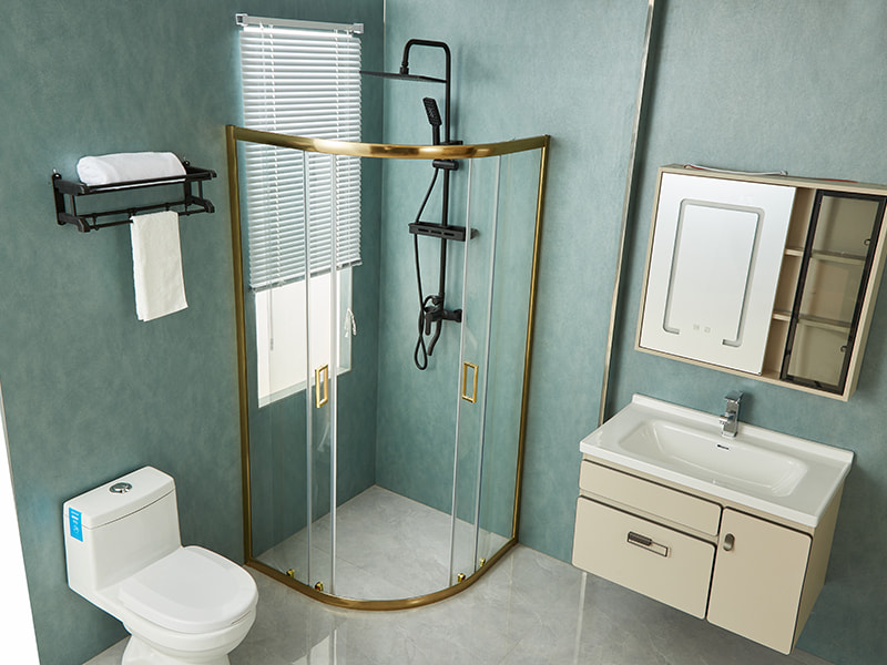 SE csúszó zuhanykabin, átlátszó edzett üveg, arany alumínium profil, dupla lyukú fogantyú, tálca nélkül SE csúszó zuhanykabin, átlátszó edzett üveg, arany alumínium profil, dupla lyukú fogantyú, tálca nélkül