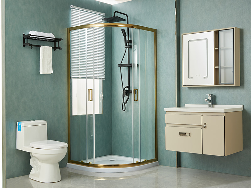 SE csúszó zuhanykabin, átlátszó edzett üveg, arany alumínium profil, dupla lyukú fogantyú, tálca nélkül SE csúszó zuhanykabin, átlátszó edzett üveg, arany alumínium profil, dupla lyukú fogantyú, tálca nélkül