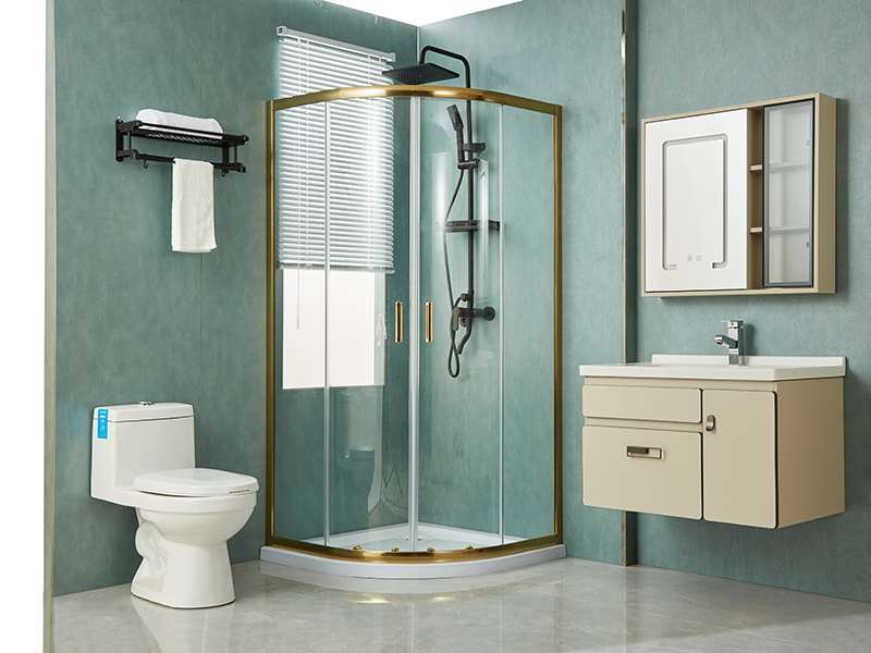 SE csúszó zuhanykabin, átlátszó edzett üveg, arany alumínium profil, dupla lyukú fogantyú, tálca nélkül SE csúszó zuhanykabin, átlátszó edzett üveg, arany alumínium profil, dupla lyukú fogantyú, tálca nélkül